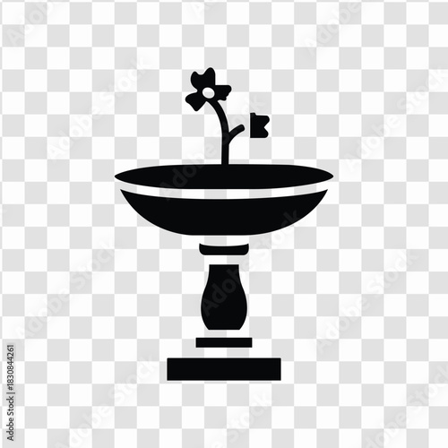 Bird bath with a small flower growing in it, simple black silhouette icon