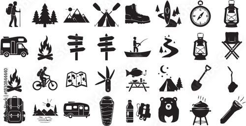 Comprehensive Set of Camping and Hiking Outdoor Adventure Icons. Black Silhouette Vector Collection.