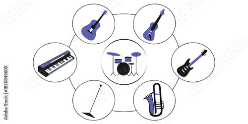 Set of various musical instrument icons arranged in a circle on, blue shillouete