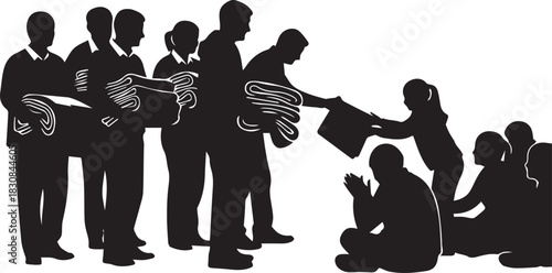 Diverse silhouetted volunteers distributing aid to underserved community members globally