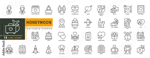 Minimalist Honeymoon line icons set with editable stroke, featuring groom, bride, valentines day, booking, love story, eifel, wedding, church, dinner, travel, engagement, et. thin linear illustration.