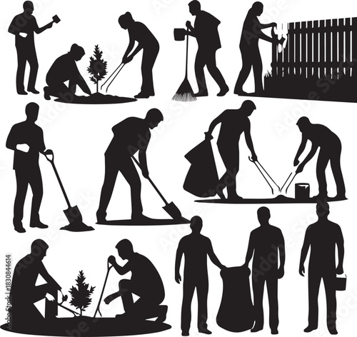 International volunteer day silhouettes people planting gardening cleaning caring community service actions
