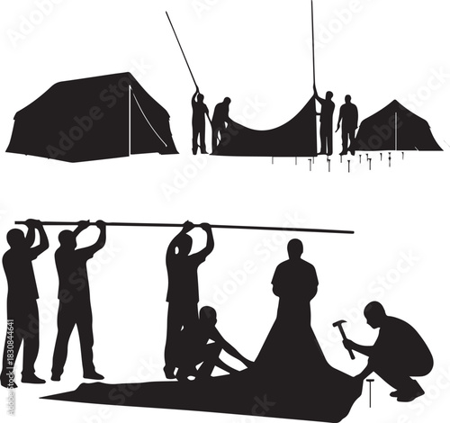 International volunteer day silhouettes setting up camp tents outdoors working together