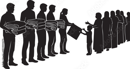 Diverse volunteers distribute food parcels to community members in a line for support