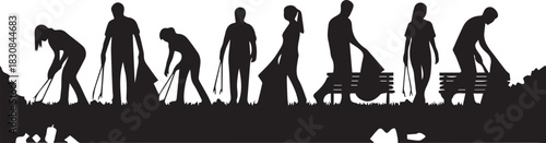 International volunteer day silhouette of people cleaning park litter and planting trees