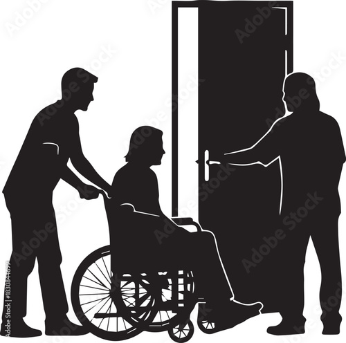 Volunteers assist person in wheelchair through an open doorway showing community support and inclusion