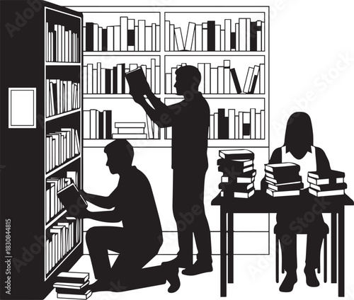 Volunteers organize books on shelves in a library for international volunteer day celebration