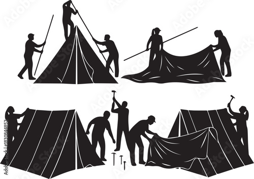 Silhouettes of people working together assembling tents for international volunteer day activities