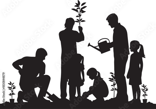 Family planting trees together for international volunteer day community gardening outdoor activity