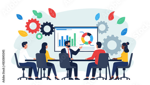Business meeting with presentation chart on screen and gears suggesting teamwork and collaboration in a modern office setting