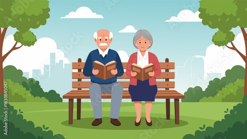 Elderly couple enjoying leisure time together in a park, reading books, and embracing a peaceful retirement lifestyle