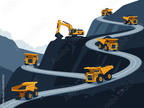Mining and Construction Site Illustration Heavy Machinery on Winding Roads in a Mountainous Landscape, Vector