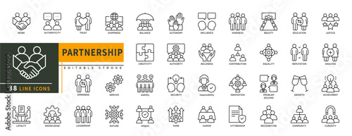 Minimalist Partnership line icons set with editable stroke, featuring business, work, agreement, teamwork, collaboration, communication, team, growth, leadership, trust, etc. thin linear illustration.