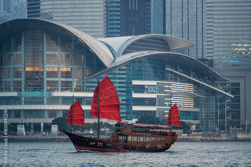 Hong Kong harbour in sunset time