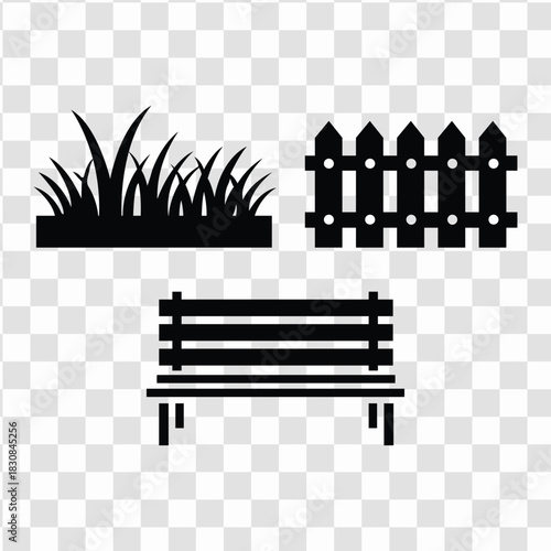 Set of garden icons grass, picket fence, and park bench