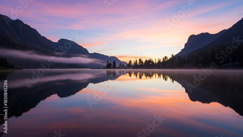 Tranquil alpine lake scene with mountainous background and dawn colors reflecting on calm water