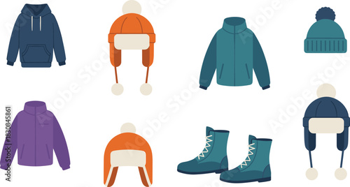 Flat winter clothing illustration set featuring jackets, hoodies, hats, boots, cozy cold weather apparel and warm accessories in colorful modern style