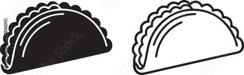 Black Empanada or Dumpling Icon Set. Solid Silhouette and Outline Vector Illustration on White Background.