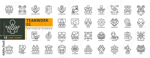 Minimalist Team Work line icons set with editable stroke, featuring collaboration, task, goal, agreement, leader, brainstorming, meeting, networking, success, employee, etc. thin linear illustration.