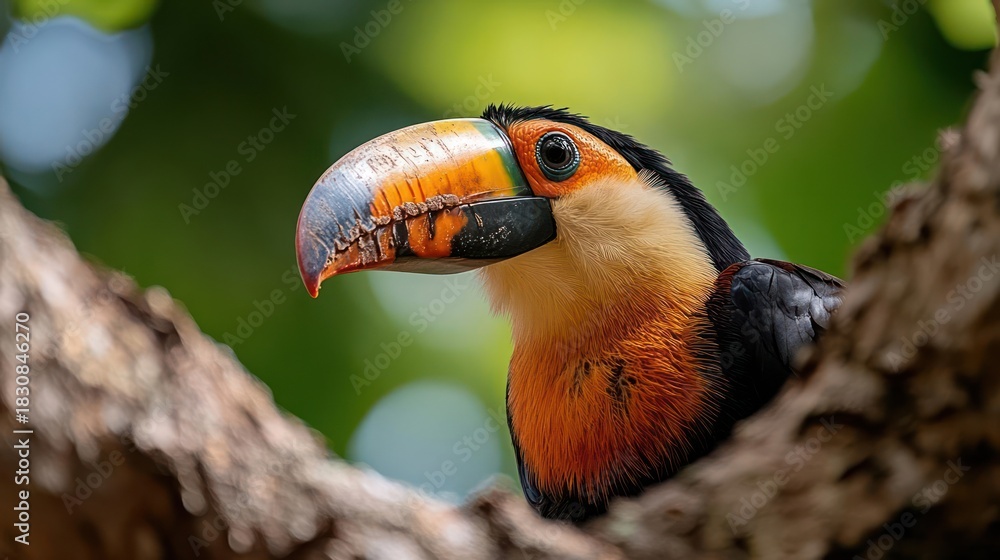 Obraz premium Close-up of a vibrant toucan perched on a tree branch in a tropical forest.