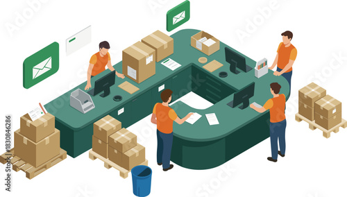Isometric illustration of busy post office parcel processing area with workers sorting packages, shipping boxes, documents, labels and mailing supplies on counters