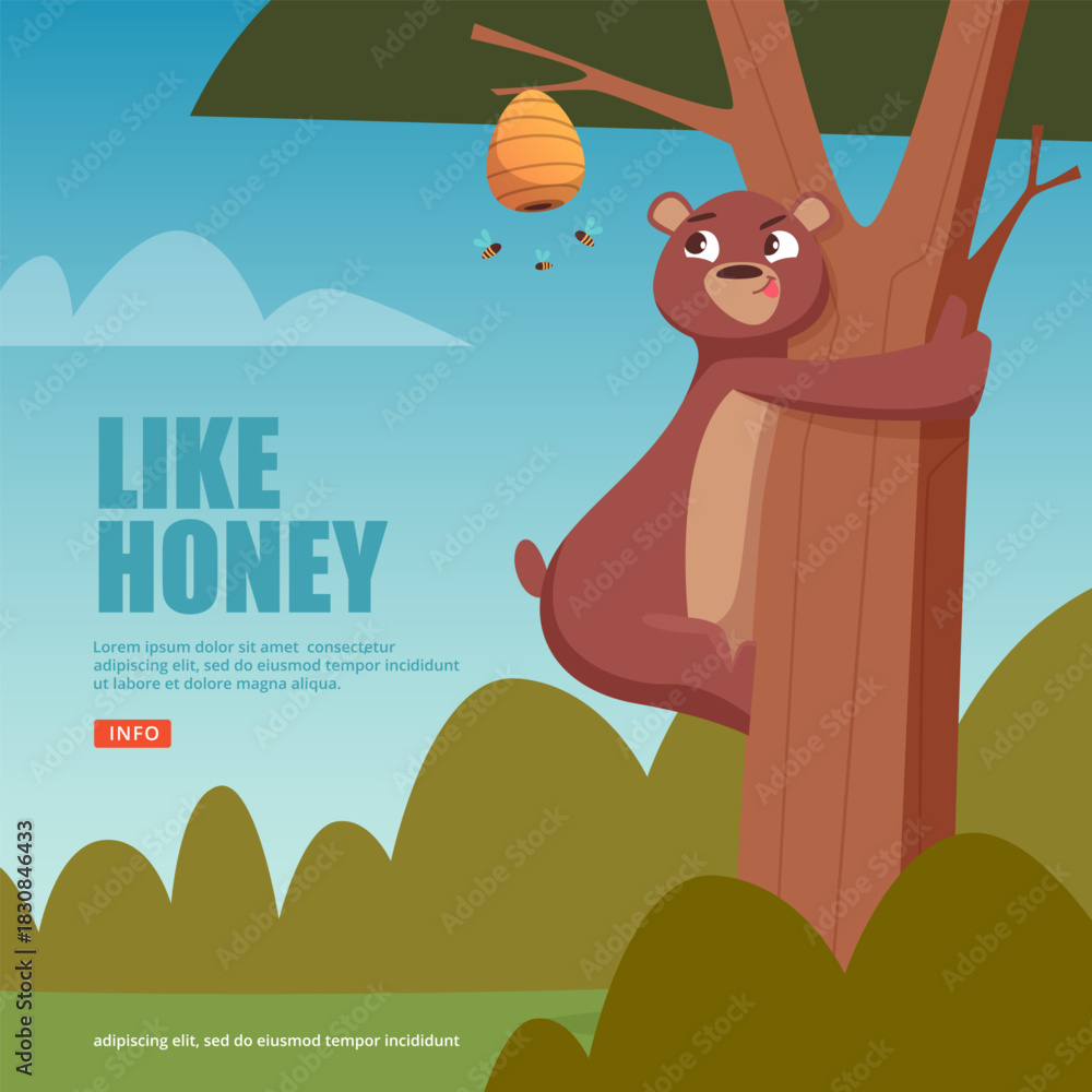 Obraz premium Bear with honey. wild cartoon animal bear going to bee house on tree
