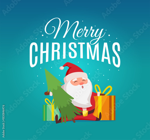Christmas poster. santa with present boxes for kids. party background invitation