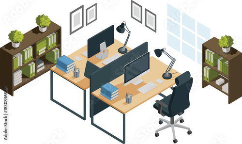 Isometric illustration of modern office workspace with desks, computers, bookshelves, office chairs, lamps and organized professional work environment in clean minimal design
