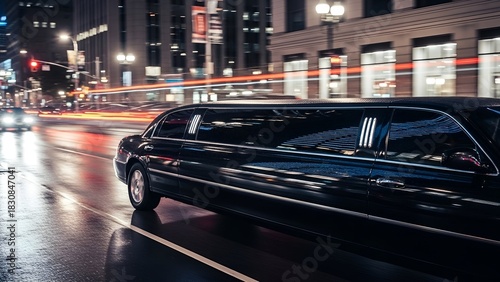 Black limousine on a wet city street at night with blurred light trails and buildings