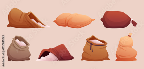 Flour bags. Harvest sacks with flour empty and full exact vector collection