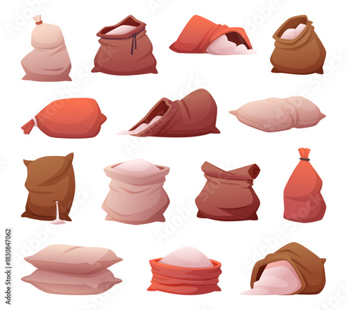 Flour. Full and empty harvester bags with flour exact vector farming textile tools in cartoon style