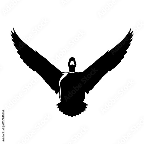 A black silhouette of a goose with wings spread wide against white sky