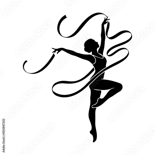 Silhouette of a rhythmic gymnast with ribbon in graceful dance pose art
