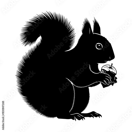 Silhouette of a squirrel holding an acorn on a white background art
