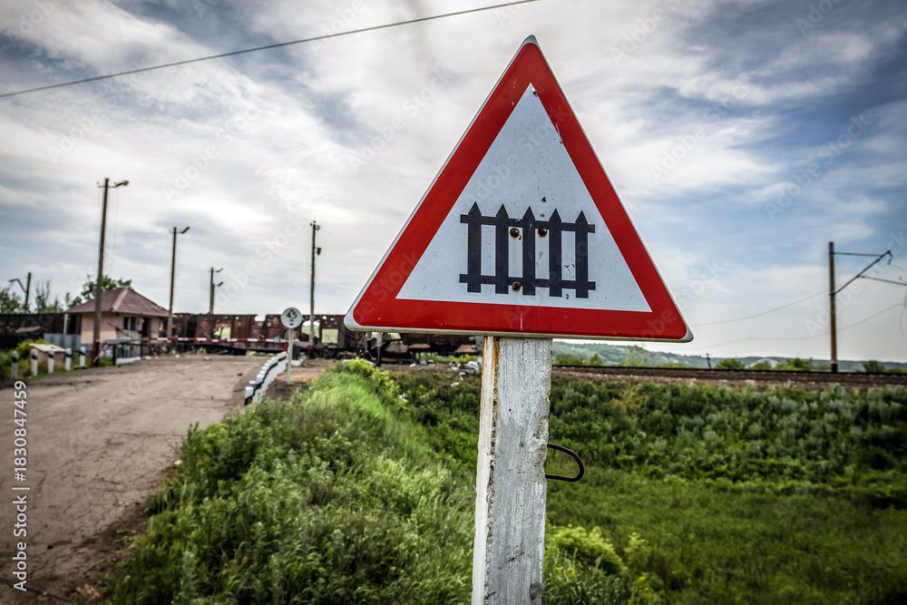 Fototapeta premium Sign in area of frontline positions of pro-russian separatists in Sloviansk during Russo-Ukrainian War in Donbas, Ukraine