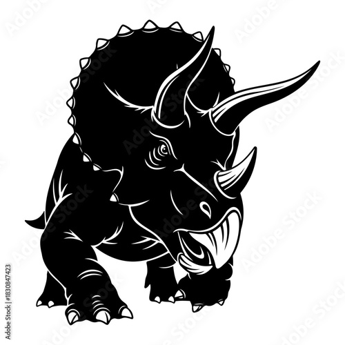 Illustration of a black triceratops with white outline on white background