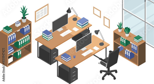 Isometric illustration of modern office workspace with desks, computers, bookshelves, office chairs, lamps and organized professional work environment in clean minimal design