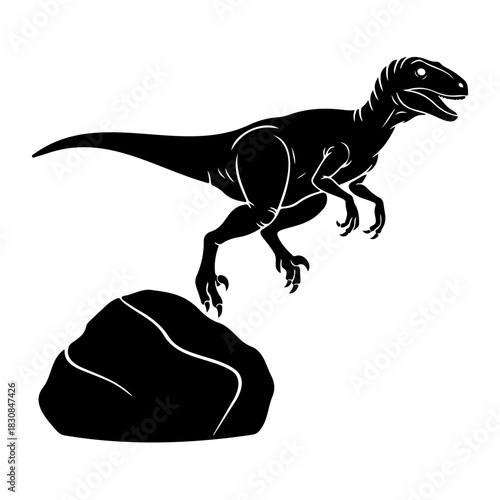 A black silhouette of a raptor leaping from a rock on a white background