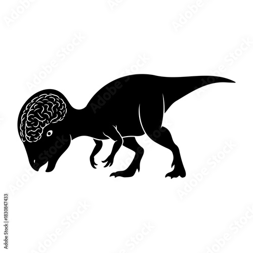 Black silhouette of a dinosaur with a visible brain inside its head