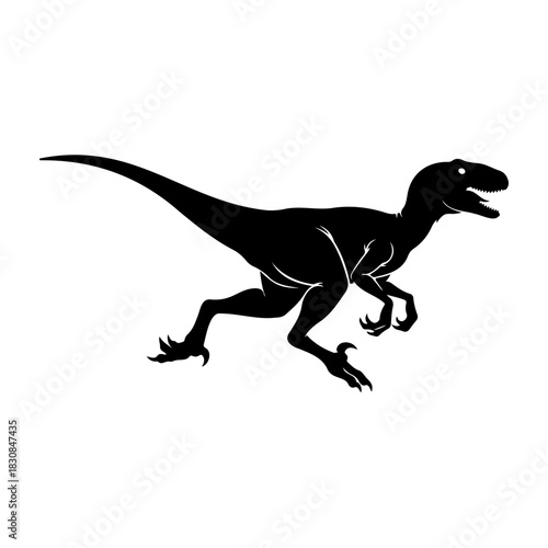 Silhouette of a velociraptor running with its mouth open on white background