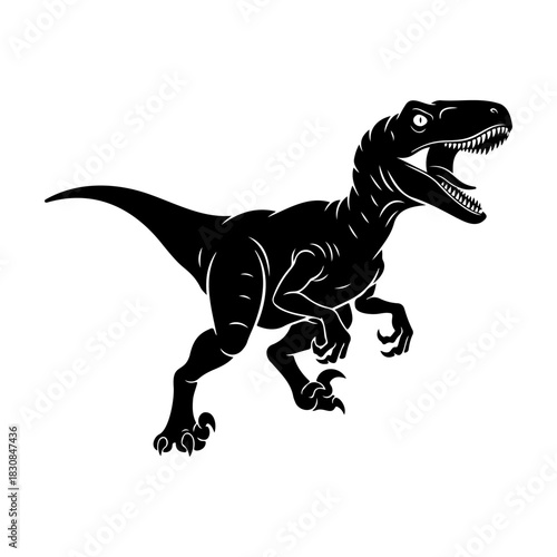 Silhouette of a velociraptor with mouth open on a white background