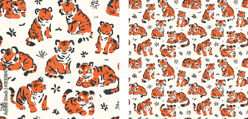 Cute Tiger Cubs Seamless Pattern - Hand-Drawn Animal Repeat Background