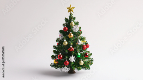 Christmas tree decorated with colorful ornaments and a golden star on top, isolated on white background