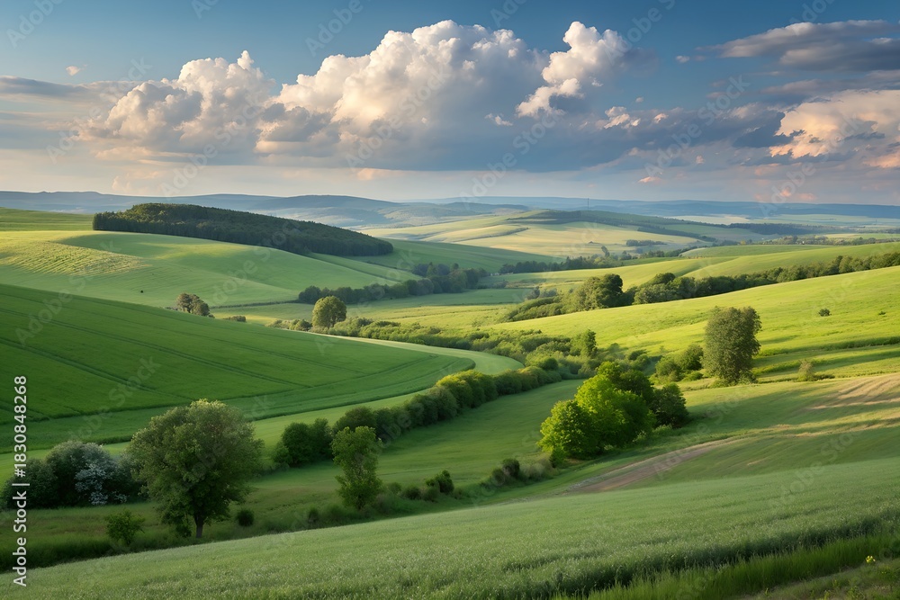 Fototapeta premium Rolling Green Agricultural Fields and Wildflower Meadows Landscape at Sunset