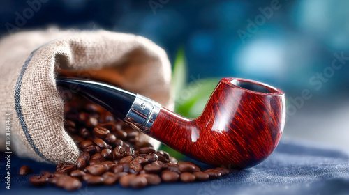 Elegant wooden smoking pipe with dried tobacco resting on soft blue fabric, captured in refined detail