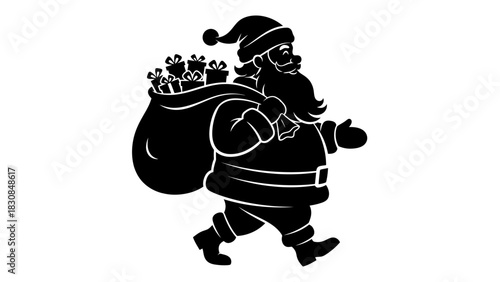 Black silhouette of Santa Claus walking and carrying a large sack filled with Christmas presents over his shoulder, ready for delivery.