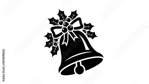A black and white illustration of a Christmas bell adorned with holly leaves and berries.