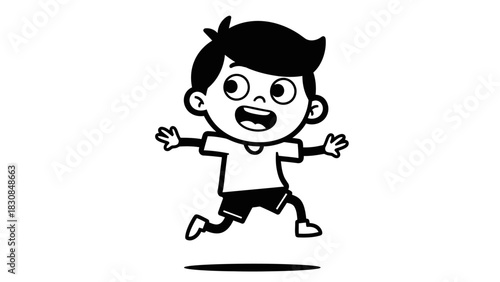 A cheerful cartoon boy with dark hair and a wide smile is depicted jumping happily in a black and white illustration.