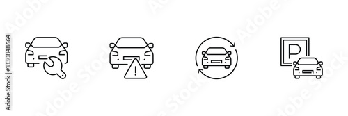 Car repair, warning alert, vehicle rotation, parking spot icon vector illustration for automotive service use.