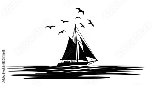 A black and white image of a sailboat sailing on the water with birds flying above it.